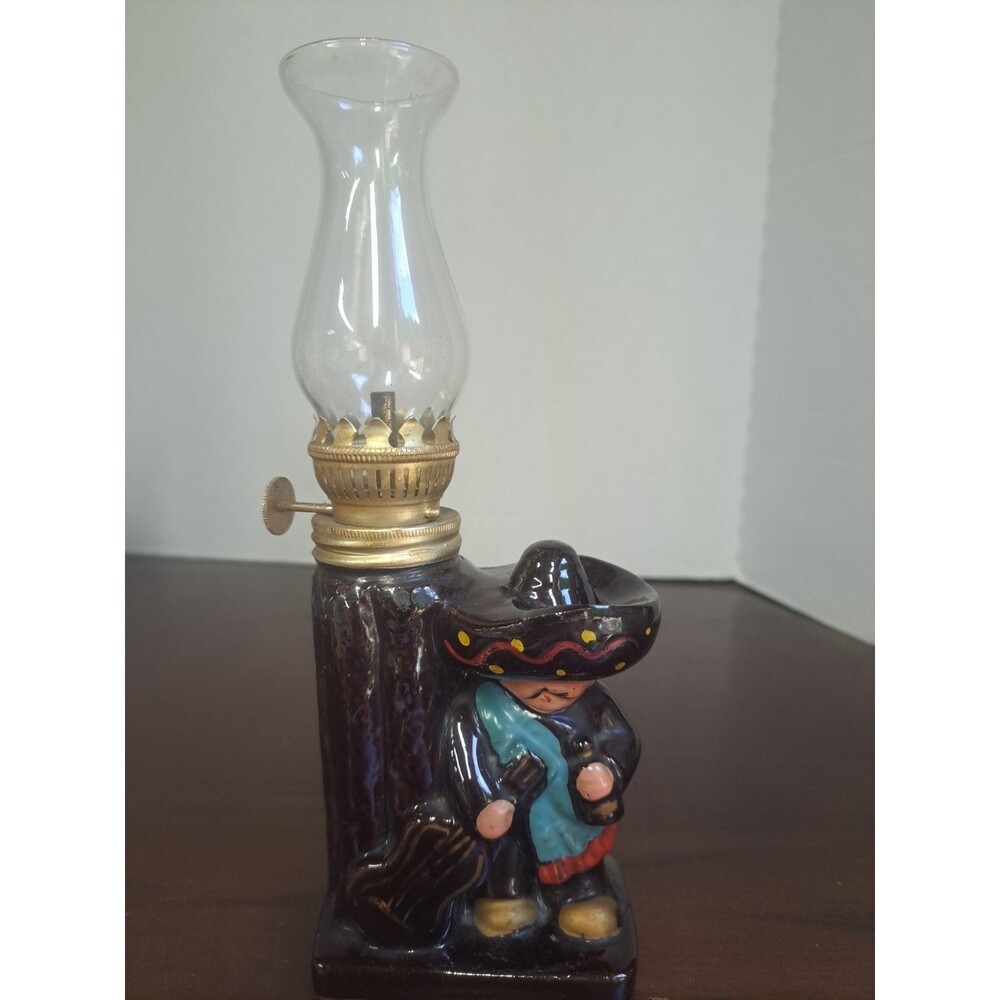 Vintage Mini Oil Lamp Man With Guitar And Sombrero Red Clay Pottery Made Japan